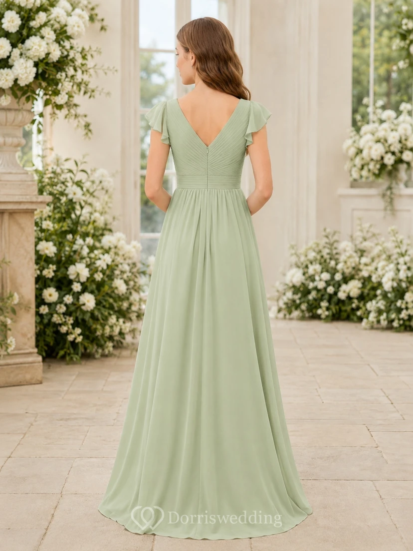 Pistazienfarbenes Brautjungfernkleid für junge Damen, A-Linie, V-Ausschnitt, kurze Ärmel, Rüschen, romantisch, formell view 2