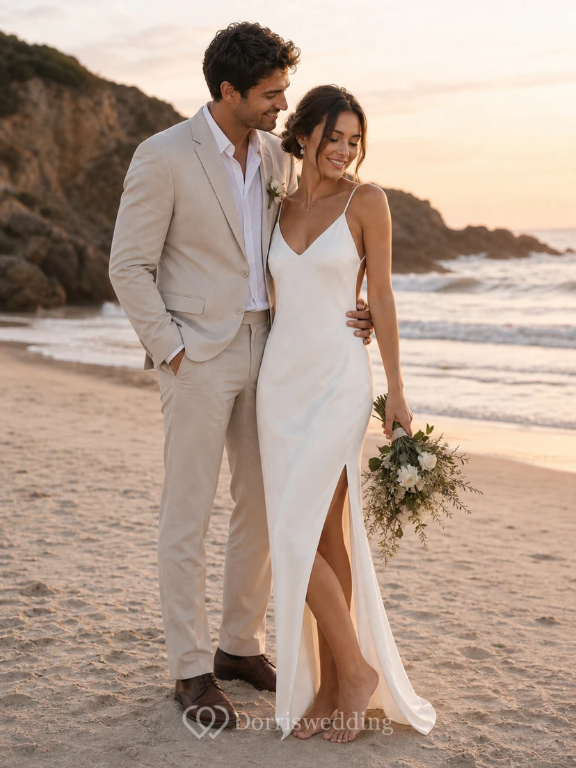 Vestido de novia sencillo para la playa, estilo tubo, con tirantes finos, espalda drapeada y abertura. view 5