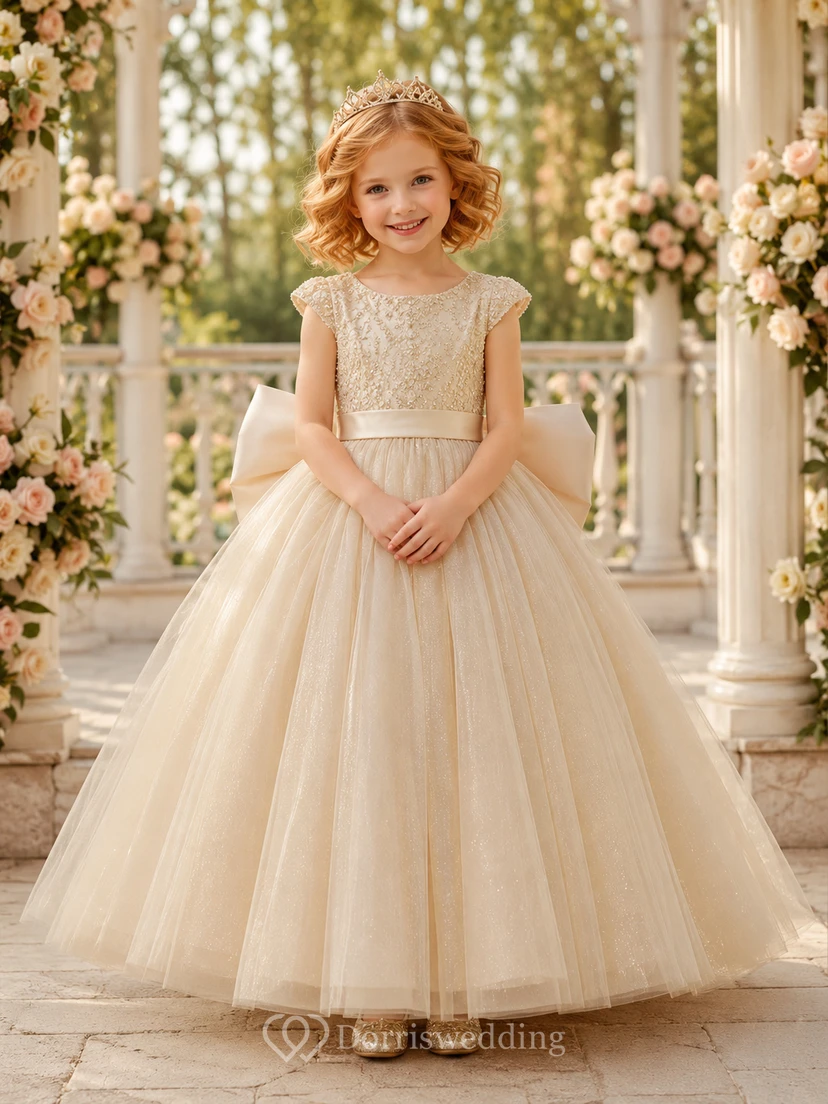 Flower Girl Dress Champagne Lace Tulle Ball Gown Jewel Neck Floor Length Bow Back