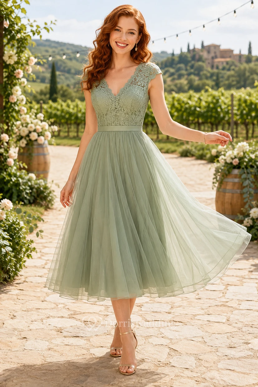 Salbeigrünes, teelanges A-Linien-Tüllkleid mit kurzen Ärmeln und Spitzenoberteil für Brautjungfern, Hochzeitsgäste und formelle Empfänge