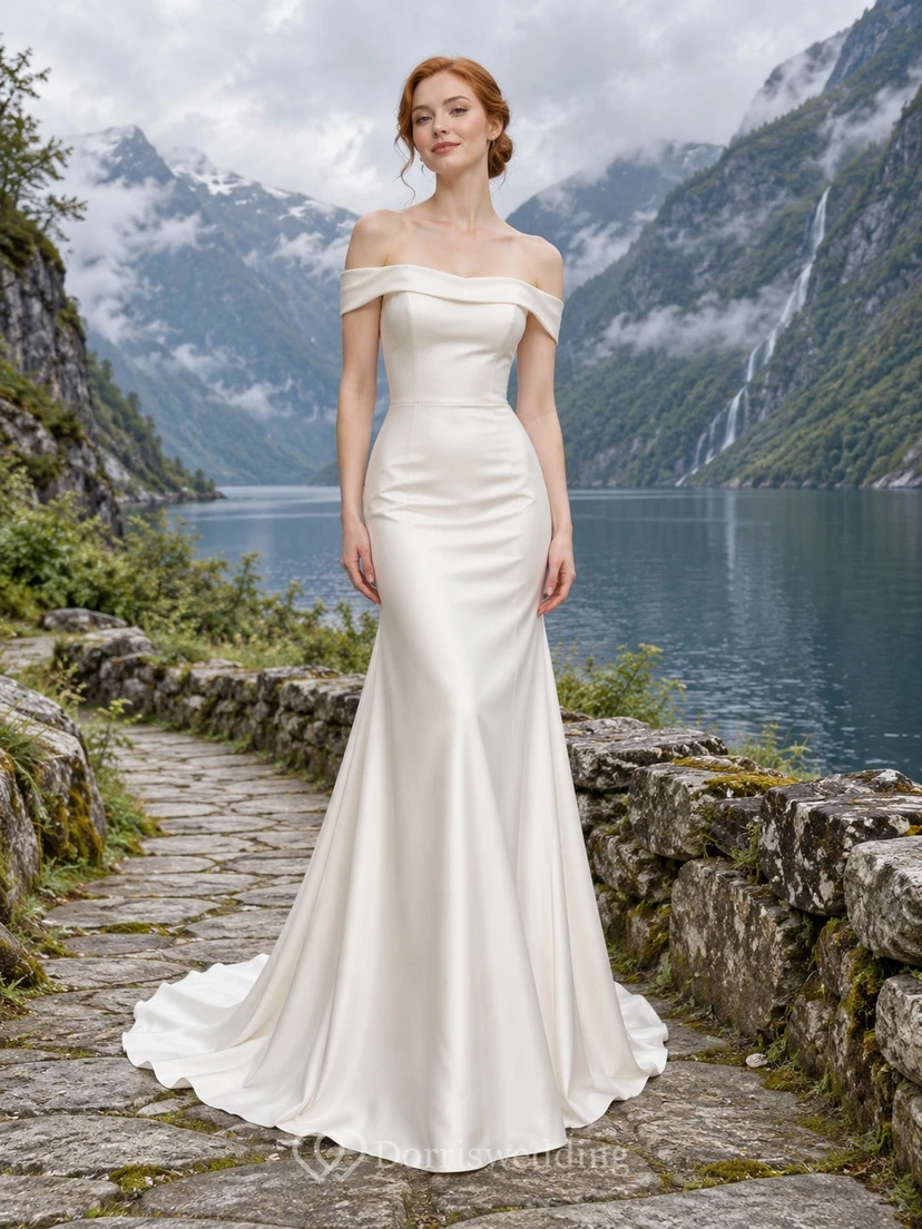 Sencillo vestido de novia de charmeuse estilo sirena con hombros descubiertos, escote plisado y cola abotonada.