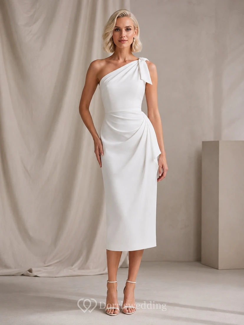 White Draped One-Shoulder Sleeveless Sheath Knee-Length Modern Cocktail Dress