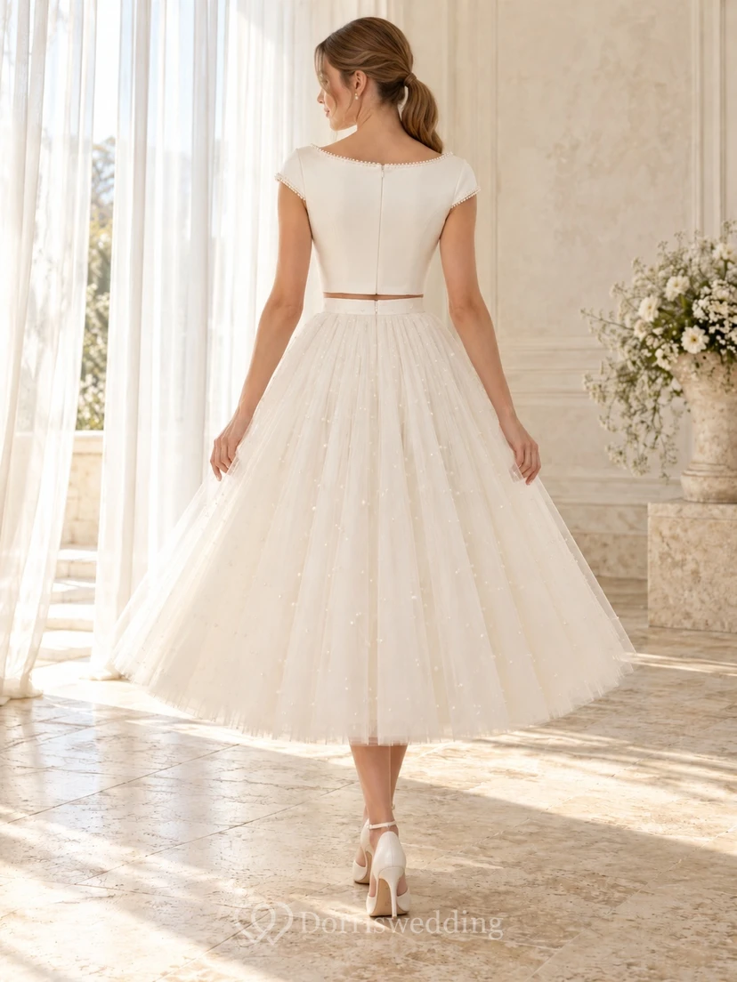 Tea-length Two Piece Boat Neck Cap Sleeve Tulle Wedding Dress view 2