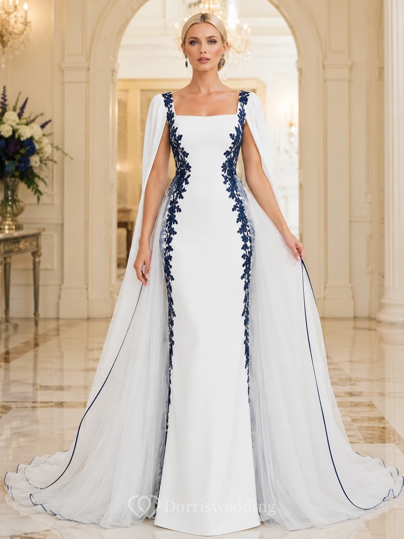 Marineblaues Cape-Etui-Brautkleid mit eckigem Ausschnitt, ärmellos, aus Satin und Spitze, modernes Braut