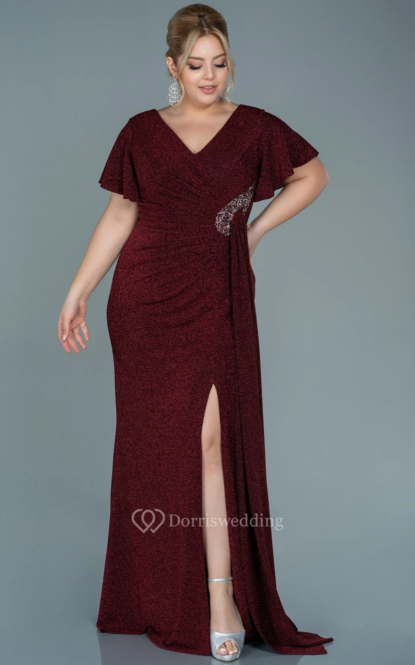 Poet-sleeve V-neck Sequin Ruched Slit Front Plus Size Evening Dress