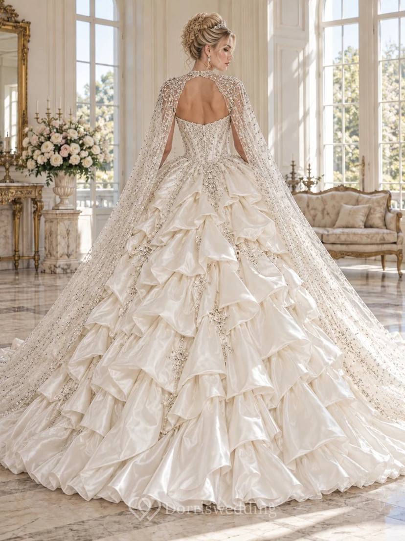 Vestido de novia palabra de honor con escote corazón, capa de cristal y cola de satén en cascada. view 2