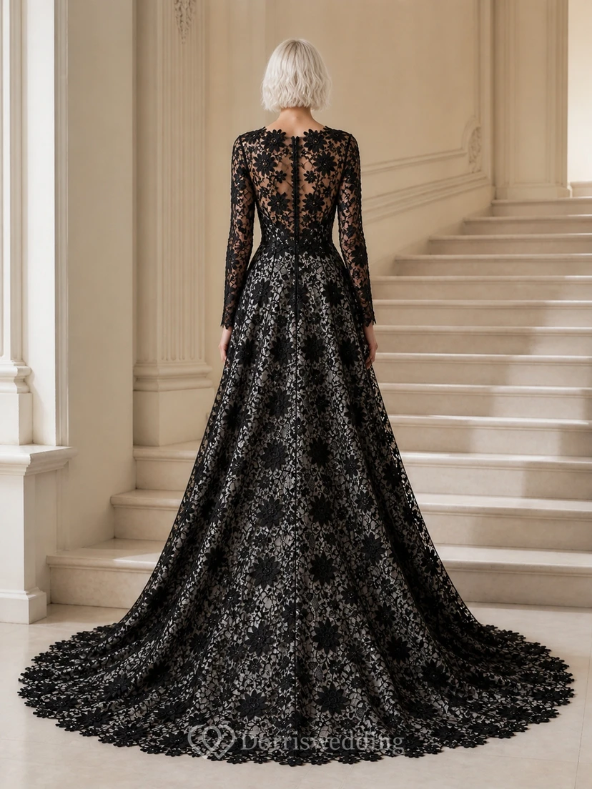 Lujoso vestido de noche negro de corte A con mangas largas y encaje con cuentas view 2