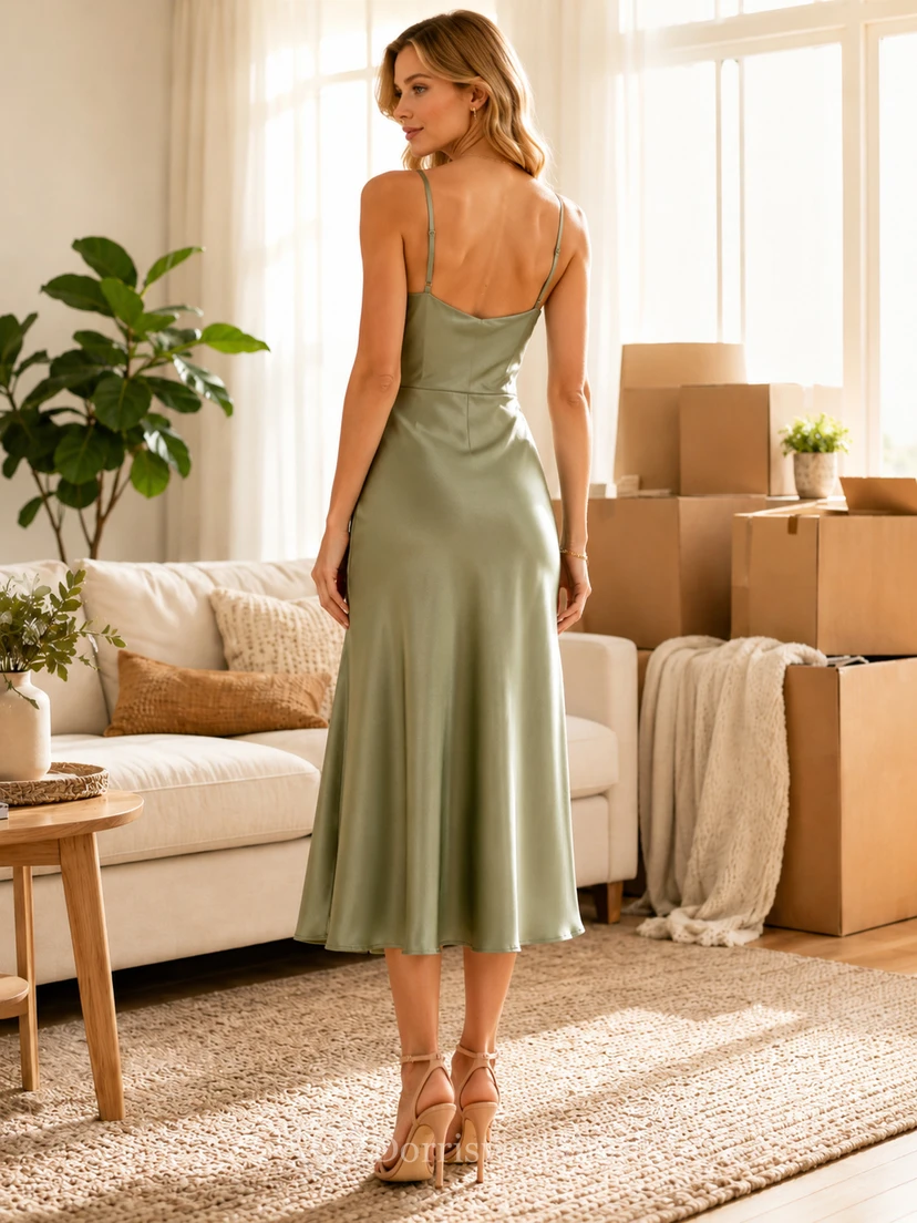 Sage Cowl Neck Spaghetti Strap Satin Housewarming Midi Dress view 2