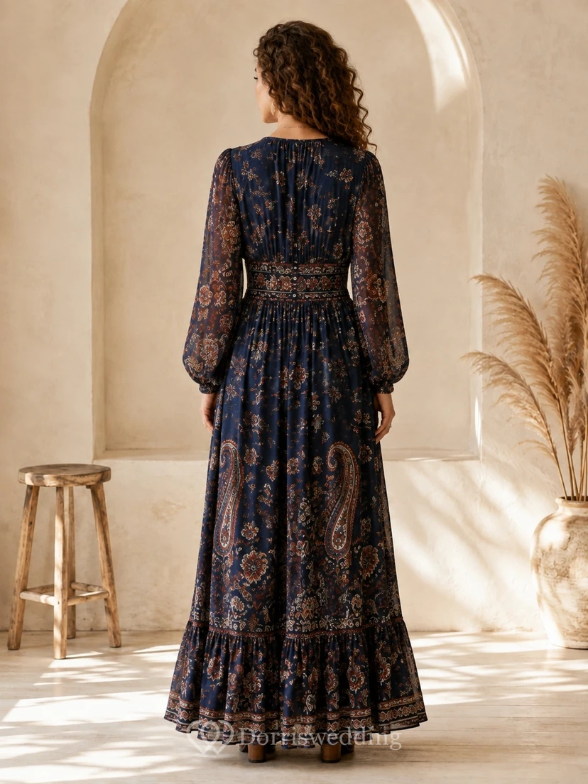 Navy Floral Print V-Neck Long Sleeve Bohemian Maxi Dress view 2