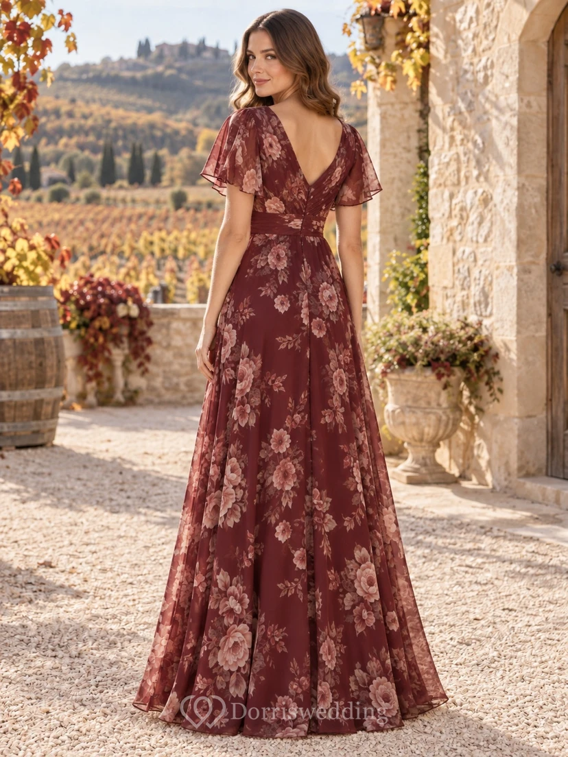 Vestido de dama de honor de gasa largo hasta el suelo con escote en V y mangas con volantes, estampado floral burdeos, ideal para otoño. view 2