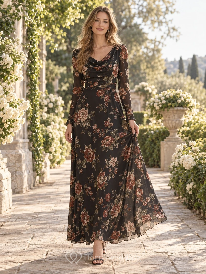Vestido largo de noche negro con estampado floral, corte en A, escote en V y manga larga.