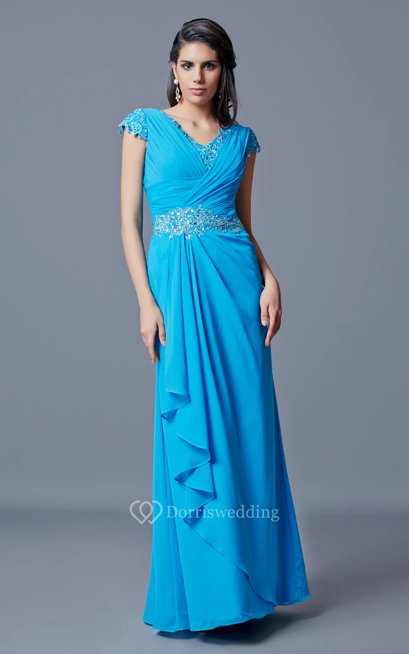 Klassisches langes Chiffonkleid mit V-Ausschnitt und tiefem V-Rückenausschnitt view 3
