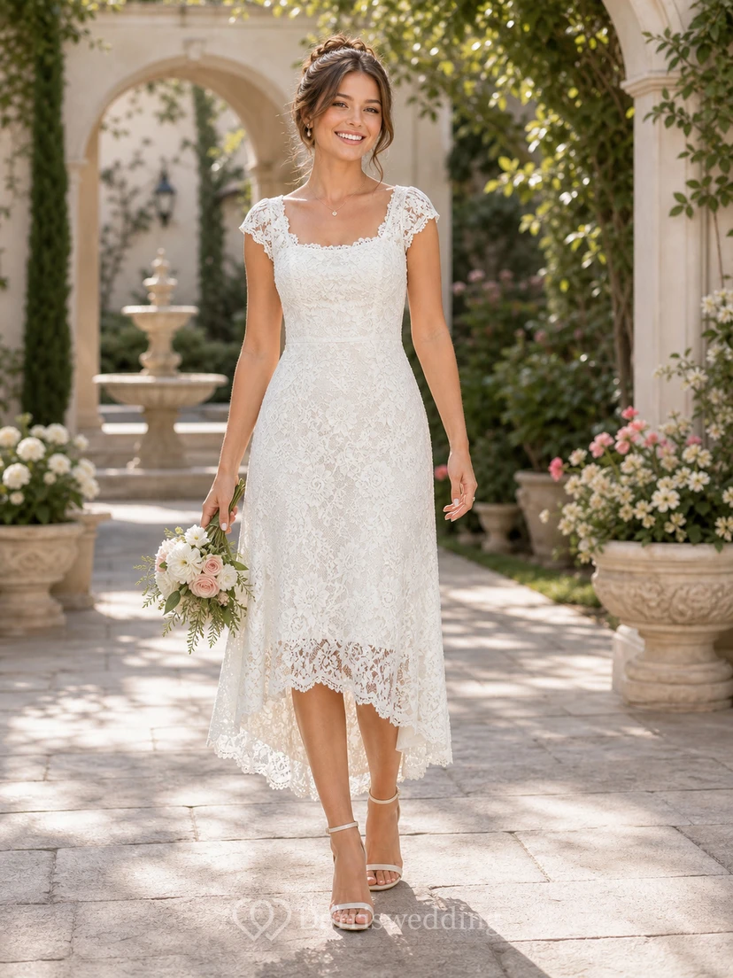 Elegantes Brautkleid aus Spitze mit hohem/tiefem U-Ausschnitt, kurzen Ärmeln und schlichter Eleganz view 2