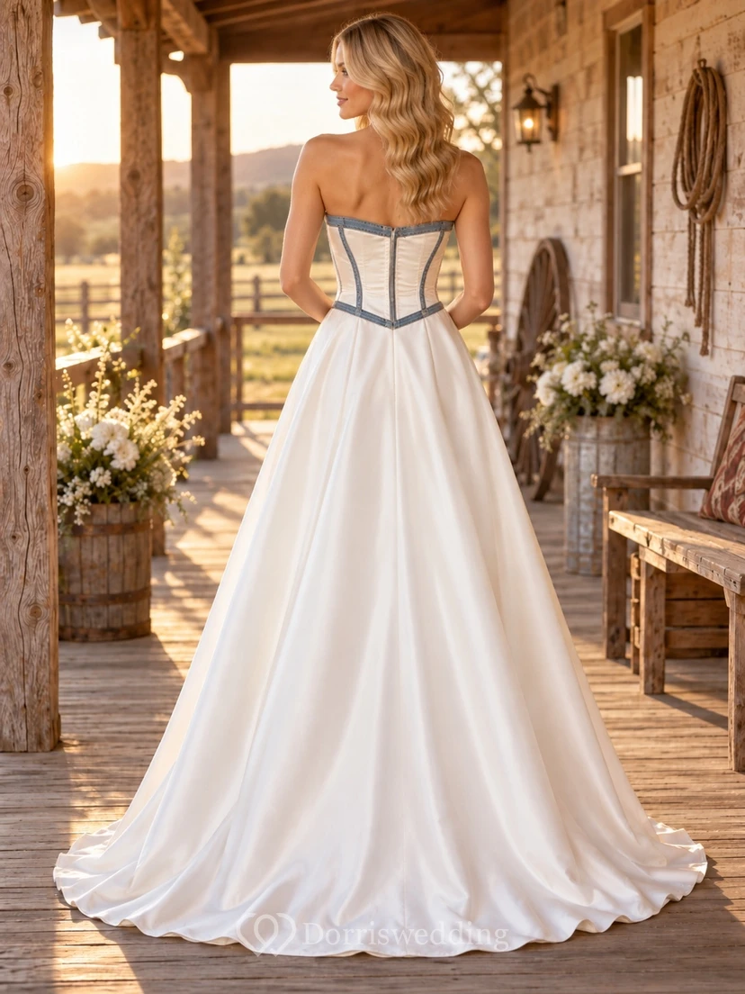 Simple Western Country Strapless A-Line Satin Wedding Dress with Sweetheart Bodice and Denim Trim view 2