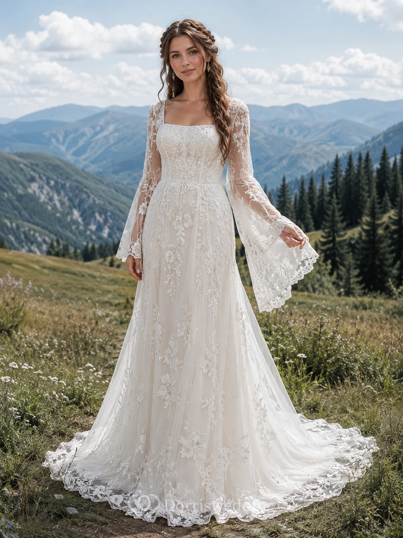 Square Neck Lace Bell Sleeve Mountain Meadow Bridal Dress