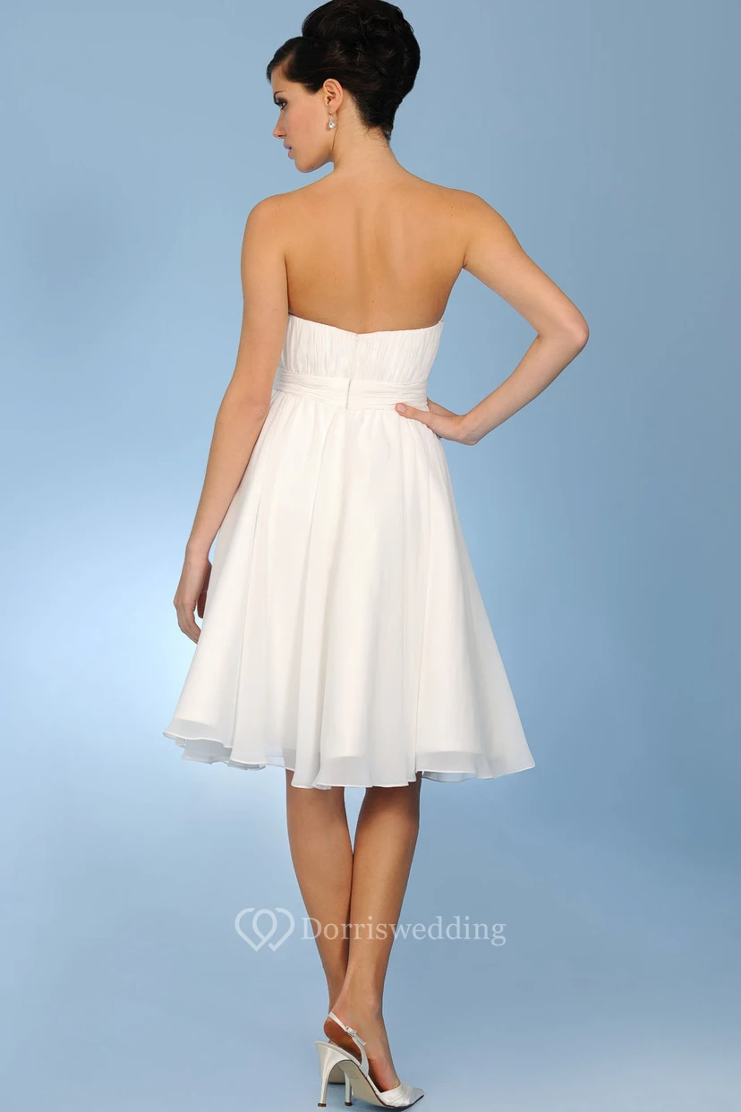 Midi Sweetheart Pleated Ruched Chiffon Wedding Dress With Waist Jewellery view 2