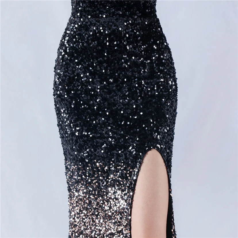 Gradient Velvet Bottom Sequins Craft Beading Ostrich Hair One-Shoulder Oblique Collar High-Slit Evening Dress view 38