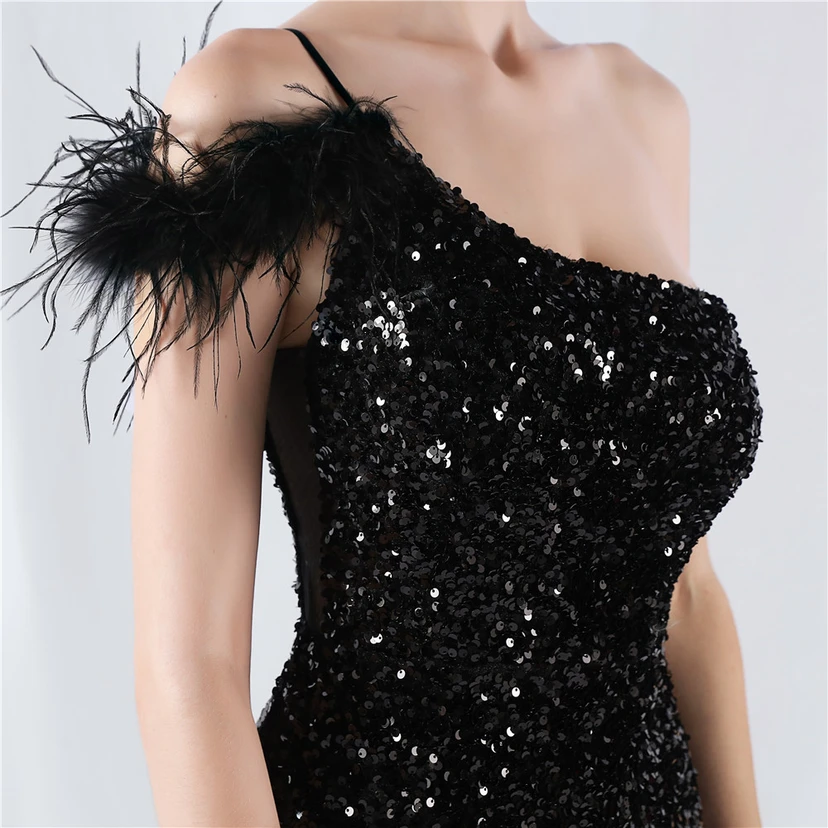 Gradient Velvet Bottom Sequins Craft Beading Ostrich Hair One-Shoulder Oblique Collar High-Slit Evening Dress view 20