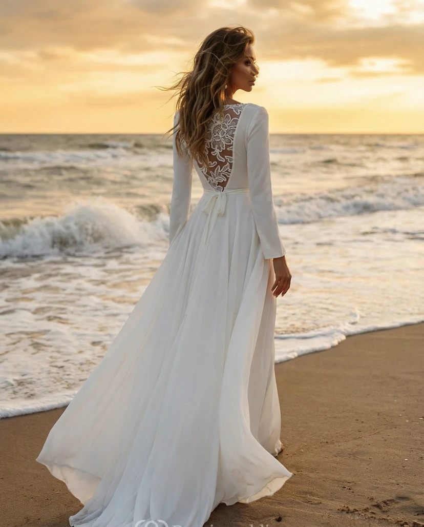 Boho-Brautkleid mit langen Ärmeln und fließendem Rock view 2