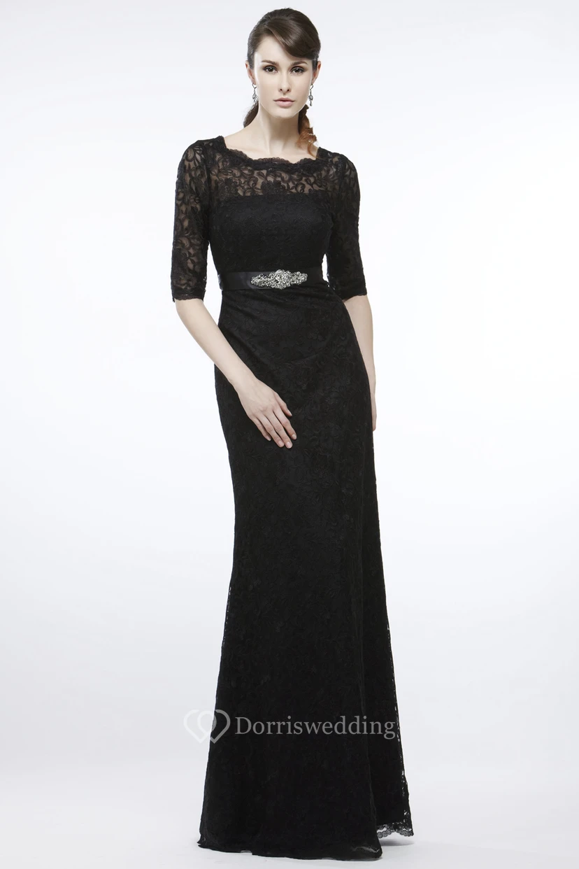 Sheath Floor-Length Jeweled Half-Sleeve Bateau-Neck Lace Prom Dress With Appliques And Ribbon