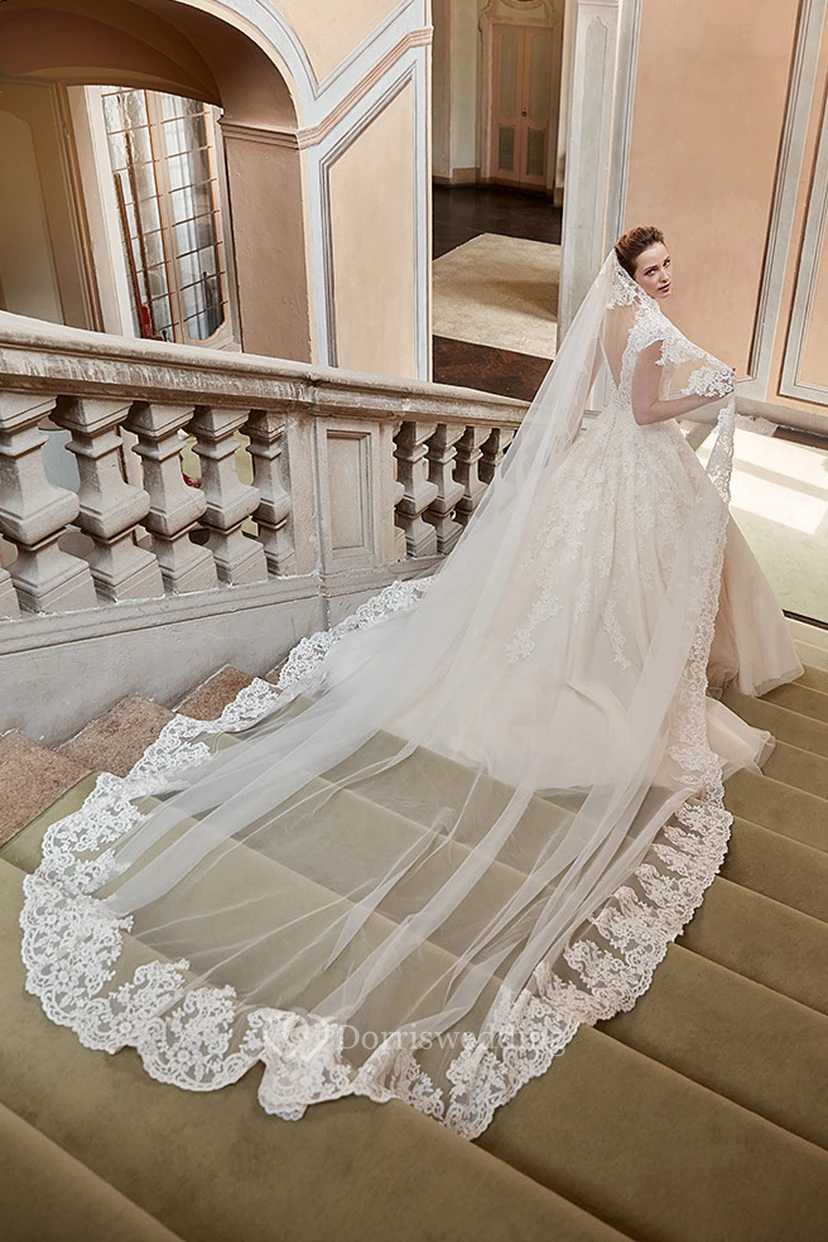 Ball Gown V-Neck Appliqued Floor-Length Cap-Sleeve Lace Wedding Dress view 2