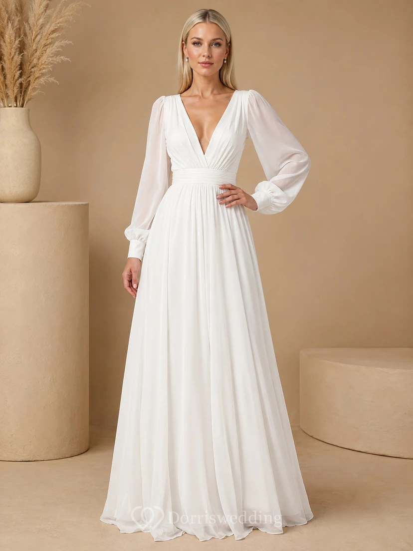 Vestido de gasa blanco de corte A, largo hasta el suelo, con escote en V y mangas largas, ideal para invitadas románticas.
