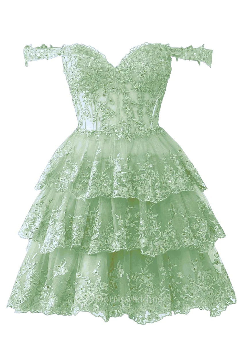 Blue Off-the-Shoulder Short Dress with Lace view 45