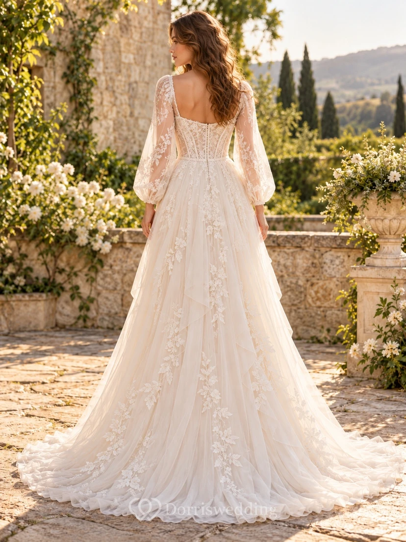 Long Sleeve Corset Sweetheart Floral Tulle A-line Romantic Wedding Dress view 2