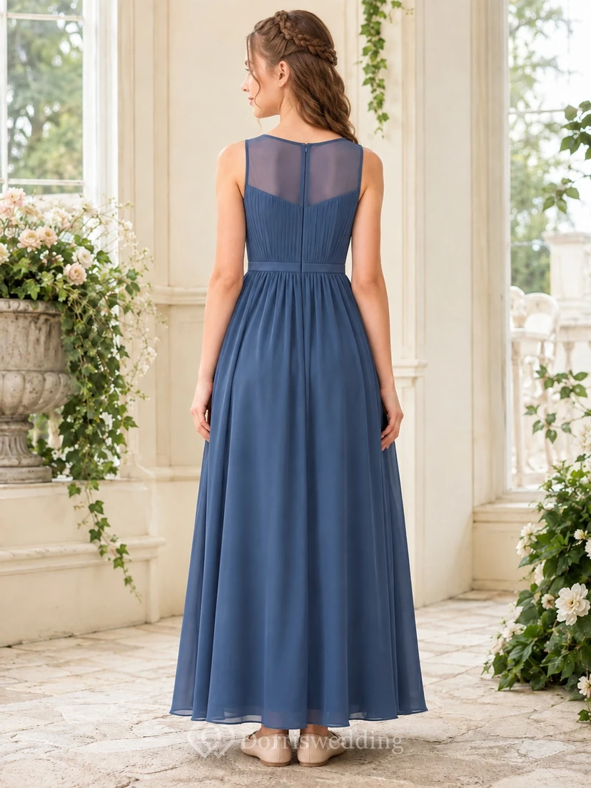Stahlblaues Brautjungfernkleid für junge Damen, A-Linie, bodenlang, ärmellos, mit Illusionspasse, romantisch view 2