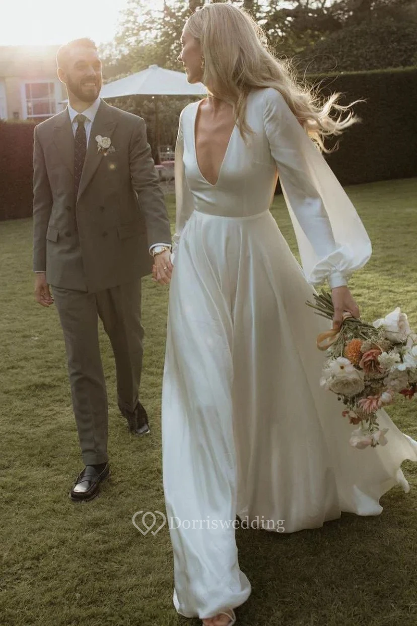 White Deep V-Neck Long Sleeve Wedding Dress
