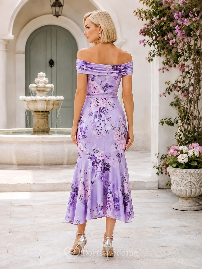 Lavender Floral Off-Shoulder Satin Mermaid High-Low Tea-Length Elegant Guest Dress view 2