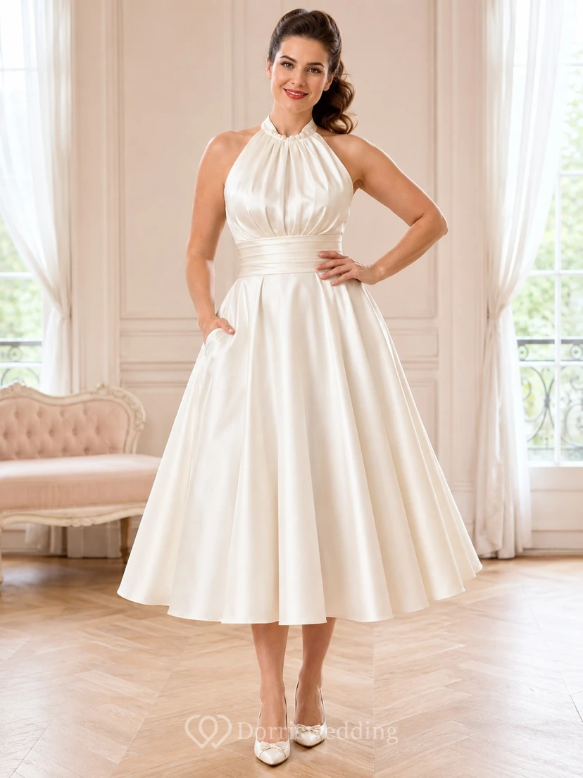 Schlichtes Vintage-Brautkleid aus den 1950er Jahren: Teelänge, Neckholder, hoher Kragen, rückenfrei, A-Linie, Satin