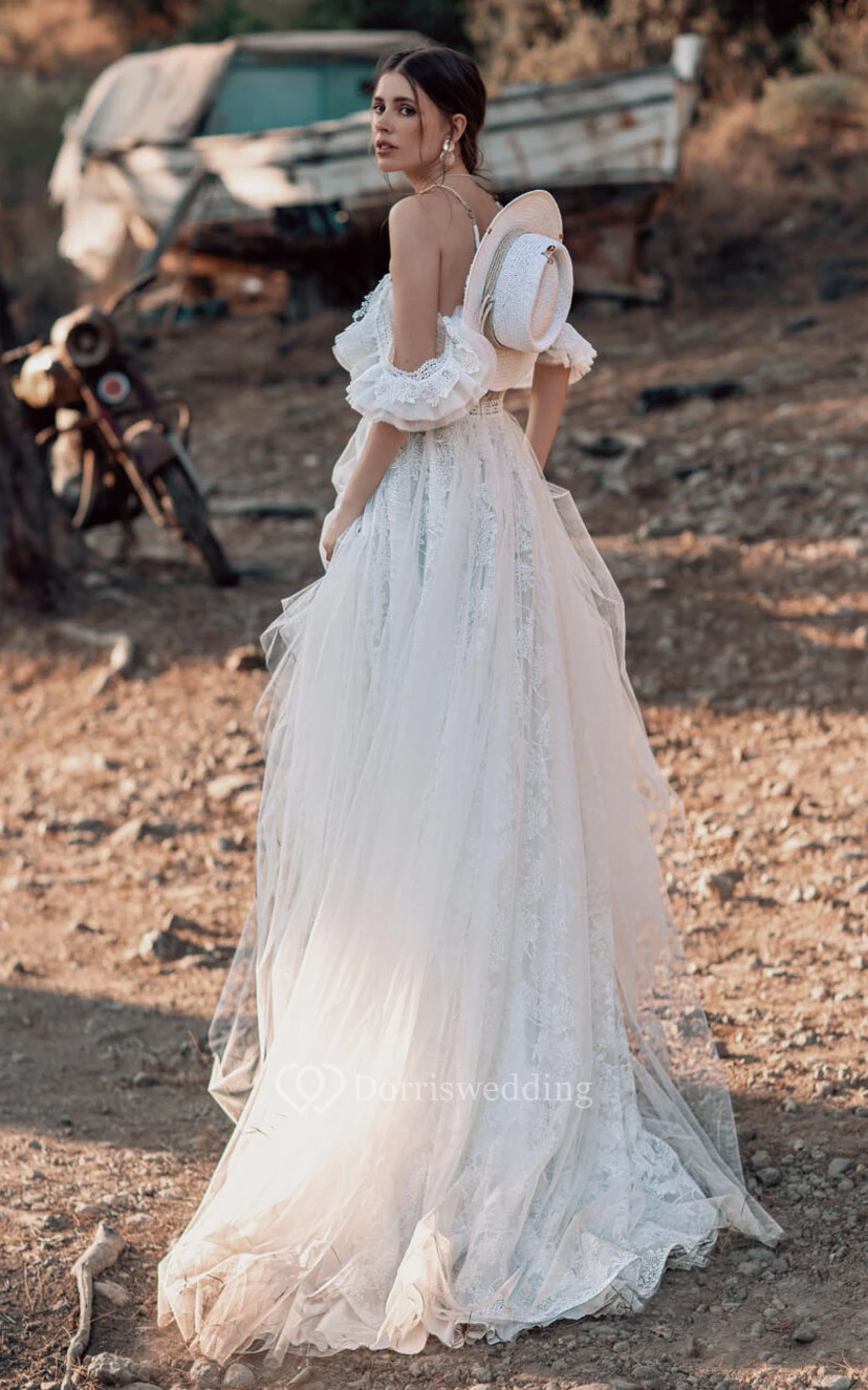 Sweetheart Empire Tulle Pleated Off-the-shoulder Lace A-line Boho Wedding Dress view 2