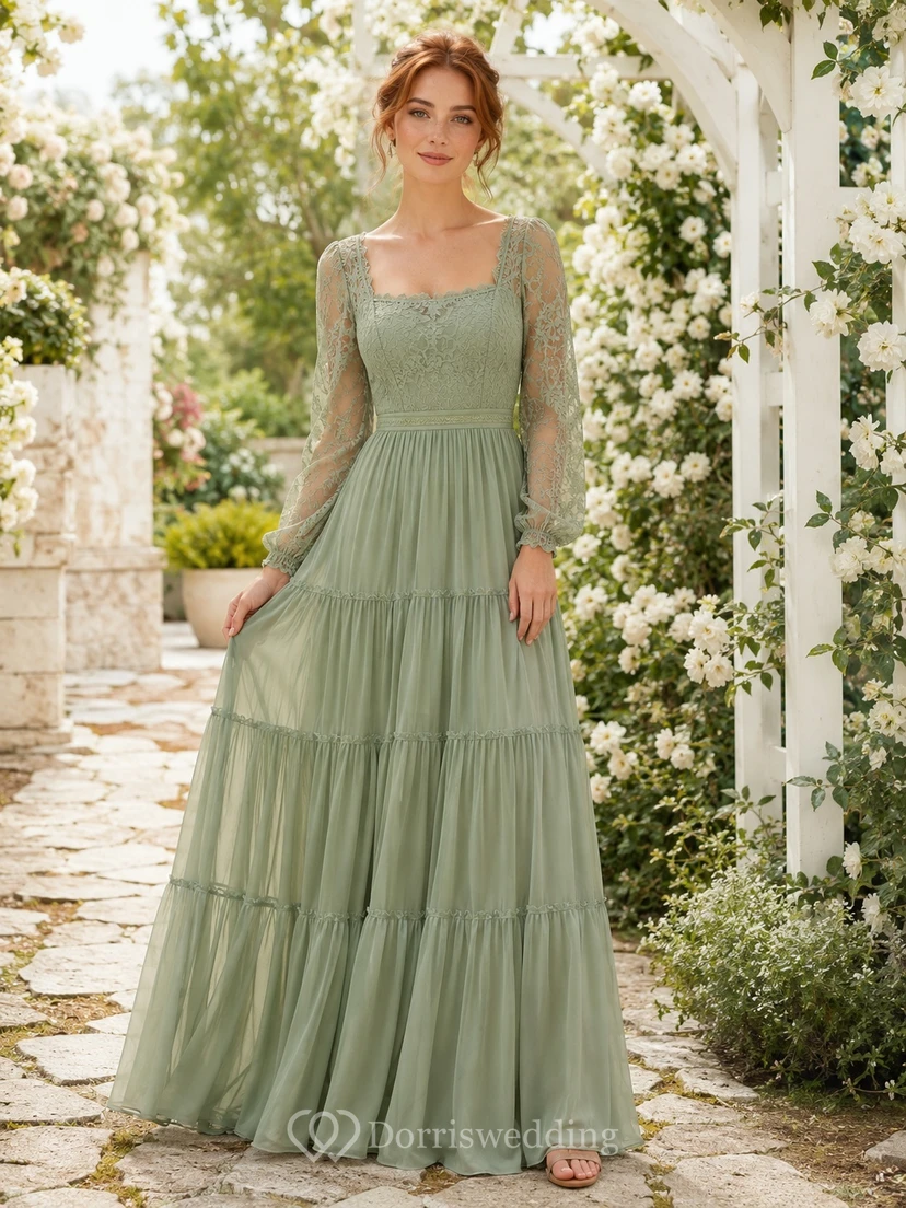 Sage Square Neck Long Sleeve Tiered Chiffon Maxi Bohemian Dress