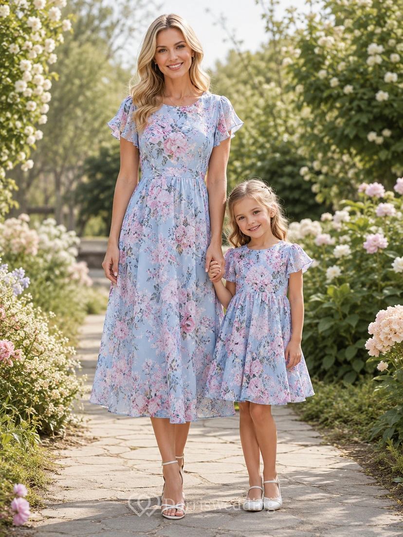 Vestido casual a juego para madre, de gasa, corte en A, largo midi, con estampado floral azul cielo de hortensias y mangas con pétalos.