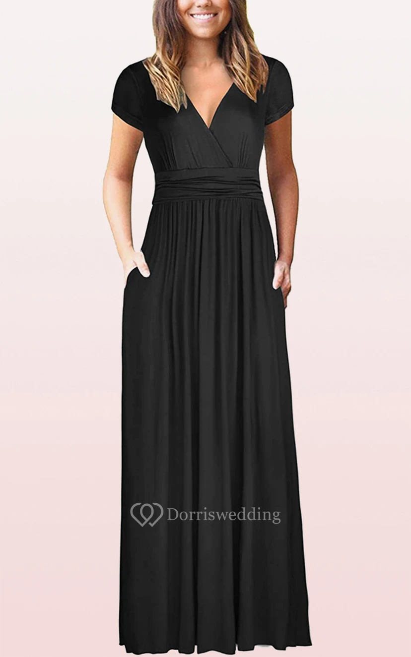 Ethereal Jersey V-neck A Line Guest Formal Dress With Pockets view 4