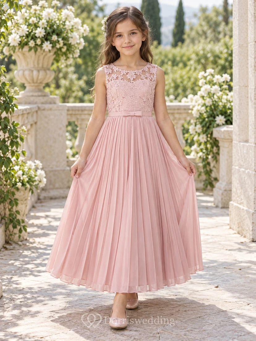 Vestido de niña de flores plisado, sin mangas, de gasa, con estampado floral rosa discreto y corte en A.