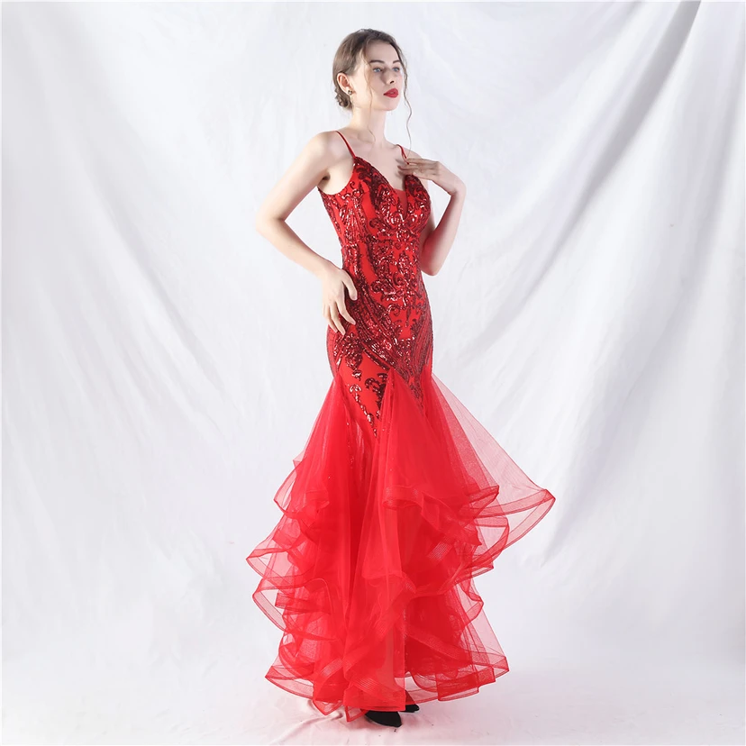 Vestido de actuación para celebración de baile caliente con cuentas de flores y posicionamiento de red rígida. view 3