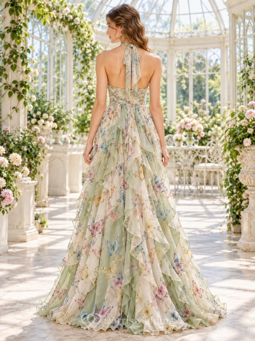 Celadon Butterfly Floral Print V Halter Tiered Chiffon Evening Gown view 2