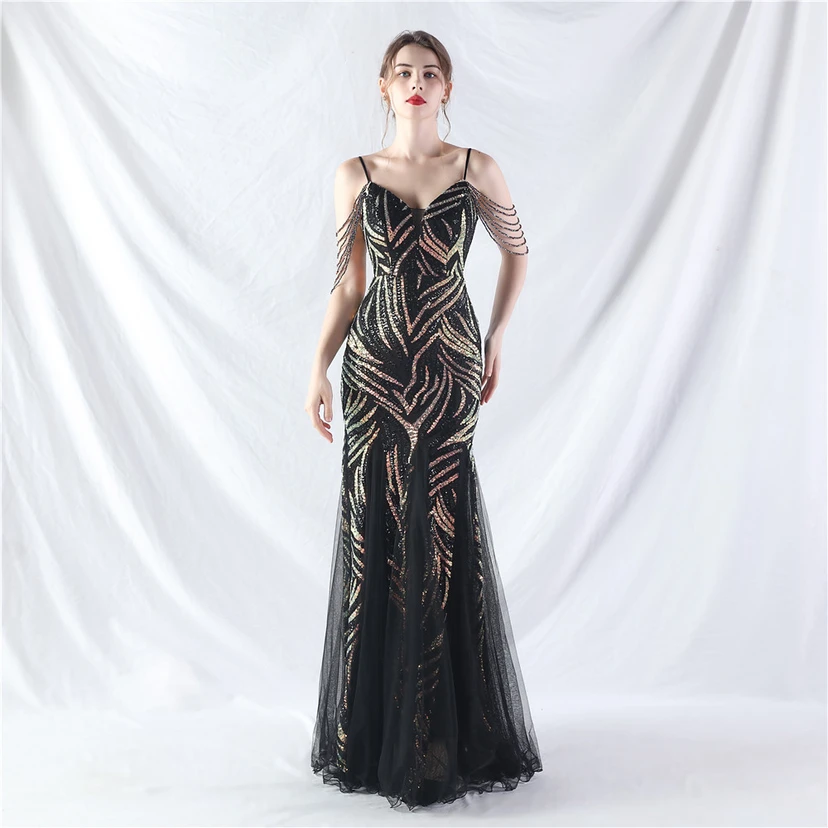 Layered Beads Spliced ​​Mesh High-End Evening Dress view 54