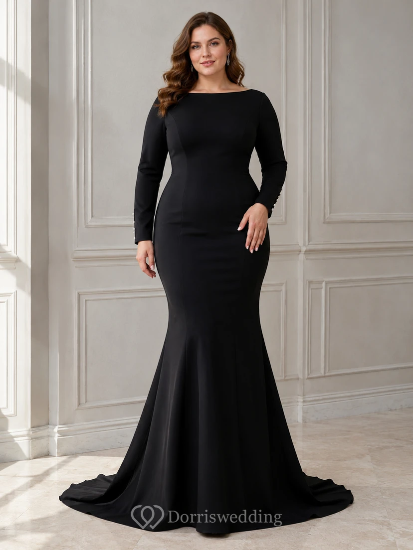 Vestido de novia moderno de satén negro de talla grande con escote barco, manga larga y cola de sirena.