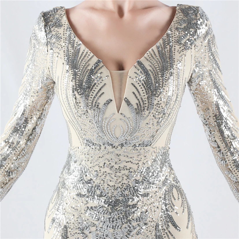 Robe de soirée haut de gamme ornée de perles florales fixes et de poils d'autruche, hôte de la réunion annuelle d'hiver view 8