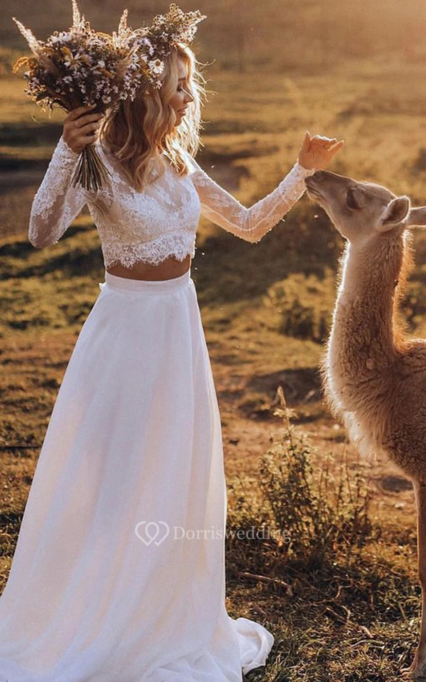 Vestido de novia bohemio de dos piezas | Conjunto de top corto de manga larga y falda de novia view 2