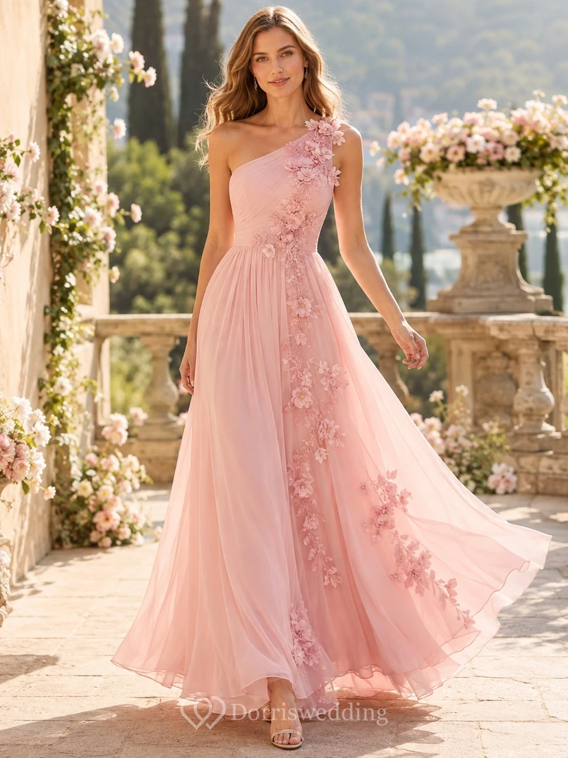 Blush One-Shoulder Pleated Floral Applique Tulle A-Line Floor-Length Prom Evening Dress