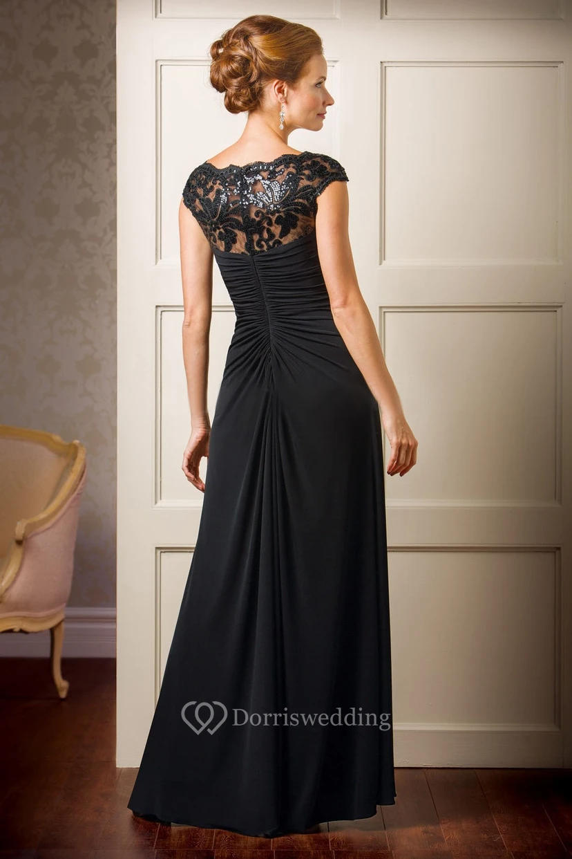 Cap-Sleeved V-Neck Mother Of The Bride Dress With Sequins And Illusion Back view 2