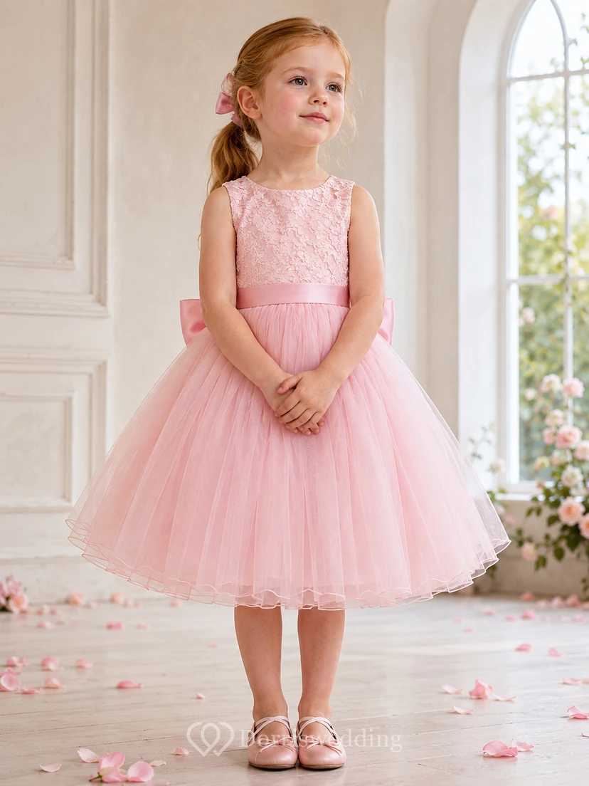 Flower Girl Dress Blushing Pink Lace Tulle A-Line Scoop Neck Tea Length Bow Back