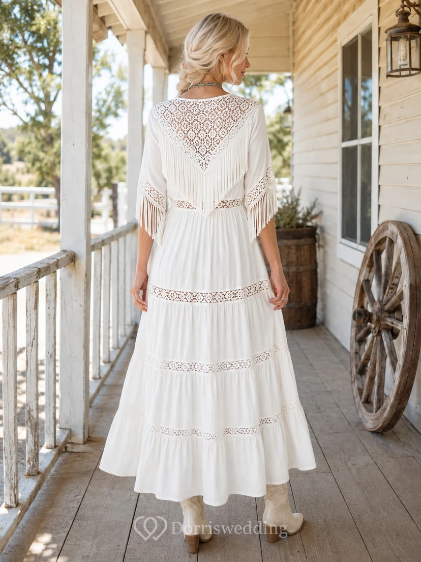 Western White V-Neck Short-Sleeve Lace-Tiered Chiffon A-Line Floor-Length Dress view 2