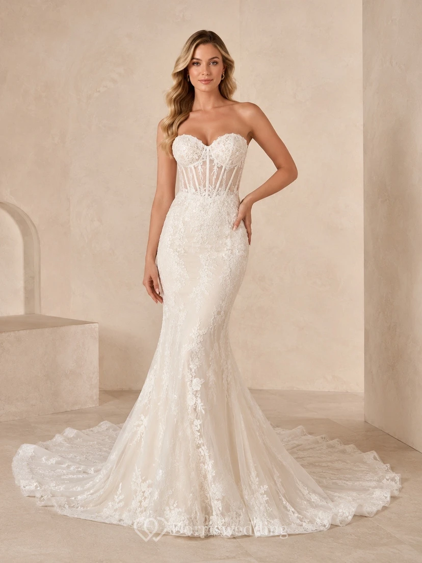Vestido de novia de sirena sin tirantes con ballenas expuestas y cola catedral de encaje