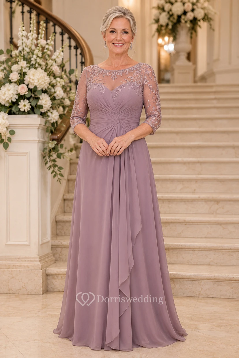 Mutterkleid aus Chiffon mit altrosafarbenem Spitzenoberteil und langen Ärmeln