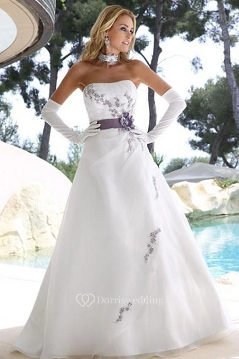 A-Line Sleeveless Strapless Long Floral Satin Wedding Dress With Appliques And Draping